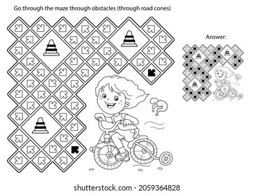 Maze or Labyrinth Game. Puzzle. Coloring Page Outline Of cartoon girl on bicycle or bike. Sport activity. Coloring book for kids.