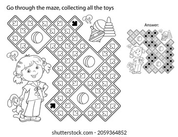 Maze or Labyrinth Game. Puzzle. Coloring Page Outline Of cartoon girl with toys. Coloring book for kids.