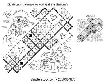 Maze or Labyrinth Game. Puzzle. Coloring Page Outline Of cartoon boy scuba diver with chest of treasure. Marine photography or shooting. Underwater world. Coloring book for kids.