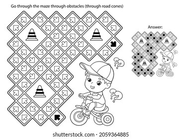 Maze or Labyrinth Game. Puzzle. Coloring Page Outline Of cartoon little boy on bicycle or bike. Sport activity. Coloring book for kids.