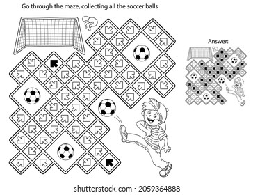 Maze or Labyrinth Game. Puzzle. Coloring Page Outline Of cartoon boy with soccer ball. Football. Sport activity. Coloring book for kids.