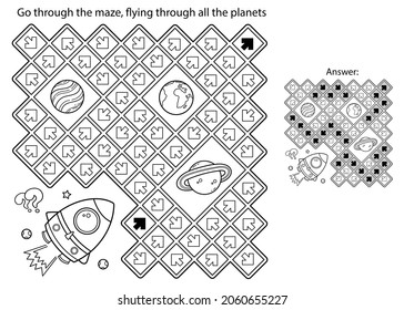 Juego de laberinto o laberinto. Rompecabezas. Esbozo de página de color del cohete de dibujos animados en el espacio. Libro de colorear para niños.