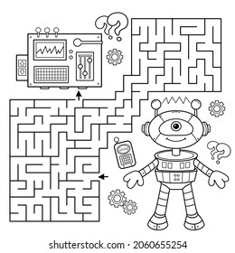 Maze oder Labyrinth Game. Rätsel. Farbseite Umriss der Cartoon kleinen Roboter. Farbbuch für Kinder.