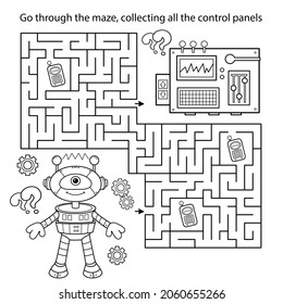 Maze or Labyrinth Game. Puzzle. Coloring Page Outline Of cartoon little robot. Coloring book for kids.
