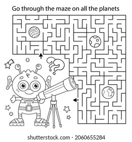 Maze or Labyrinth Game. Puzzle. Coloring Page Outline Of cartoon alien with telescope. Space. Coloring book for kids.