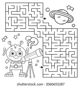 Juego de laberinto o laberinto. Rompecabezas. Esbozo de la página de color de la caricatura alienígena con telescopio. Espacio. Libro de colorear para niños.
