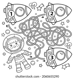 Maze or Labyrinth Game. Puzzle. Coloring Page Outline Of cartoon astronaut with rocket in space. Little spaceman or cosmonaut. Coloring book for kids.