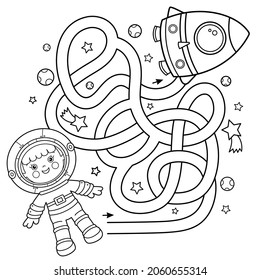 Maze or Labyrinth Game. Puzzle. Coloring Page Outline Of cartoon astronaut with rocket in space. Little spaceman or cosmonaut. Coloring book for kids.