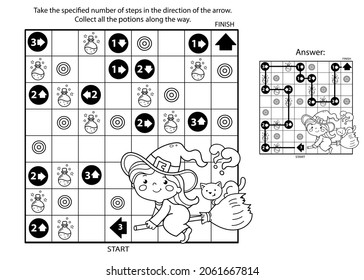 Maze or Labyrinth Game. Puzzle. Coloring Page Outline Of cartoon little witch on broom with pot and with cat. Halloween. Coloring book for kids.