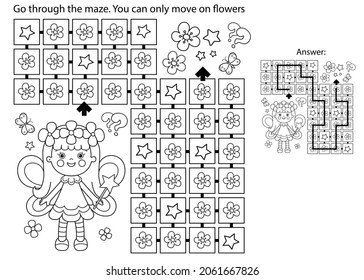 Juego de laberinto o laberinto. Rompecabezas. Esbozo de la página de color del hada de flores de dibujos animados con varita mágica. Pequeño mago o mago. Cuento de hadas. Libro de coloración para niños