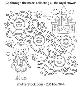 Maze or Labyrinth Game. Puzzle. Coloring Page Outline Of cartoon lovely prince. Beautiful young king. Royal castle or palace. Fairy tale. Coloring book for kids.