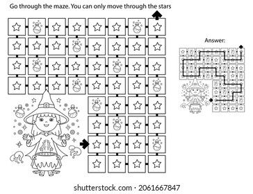 Maze or Labyrinth Game. Puzzle. Coloring Page Outline Of cartoon little witch with magical pot. Magic potion and witchcraft. Coloring book for kids.