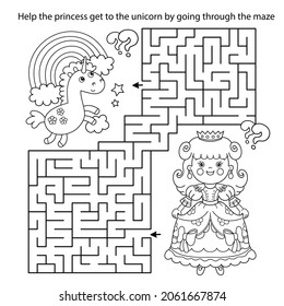 Maze or Labyrinth Game. Puzzle. Coloring Page Outline Of cartoon lovely princess with magic unicorn. Cinderella. Fairy tale. Coloring book for kids.