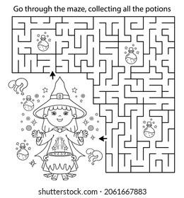 Maze or Labyrinth Game. Puzzle. Coloring Page Outline Of cartoon little witch with magical pot. Magic potion and witchcraft. Coloring book for kids.