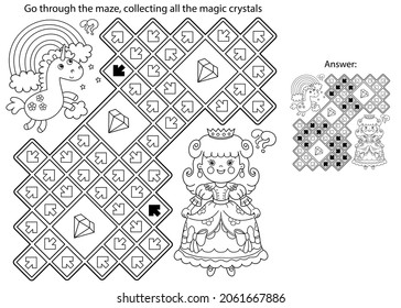 Maze or Labyrinth Game. Puzzle. Coloring Page Outline Of cartoon lovely princess with magic unicorn. Cinderella. Fairy tale. Coloring book for kids.