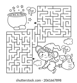 Maze or Labyrinth Game. Puzzle. Coloring Page Outline Of cartoon little witch on broom with pot and with cat. Halloween. Coloring book for kids.