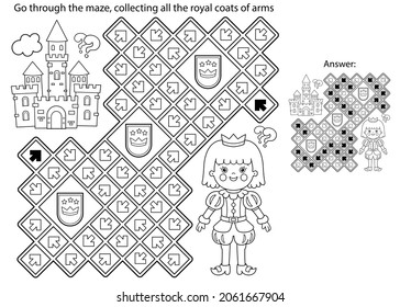 Maze or Labyrinth Game. Puzzle. Coloring Page Outline Of cartoon lovely prince. Beautiful young king. Royal castle or palace. Fairy tale. Coloring book for kids.