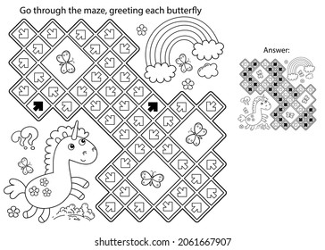 Maze or Labyrinth Game. Puzzle. Coloring Page Outline Of cartoon lovely magic unicorn. Fairy tale hero. Coloring book for kids.