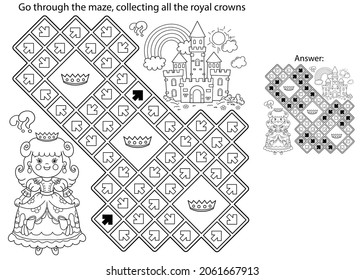 Maze or Labyrinth Game. Puzzle. Coloring Page Outline Of cartoon lovely princess. Beautiful young queen. Royal castle or palace. Fairy tale. Coloring book for kids.