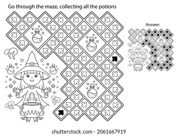 Maze or Labyrinth Game. Puzzle. Coloring Page Outline Of cartoon little witch with magical pot. Magic potion and witchcraft. Coloring book for kids.