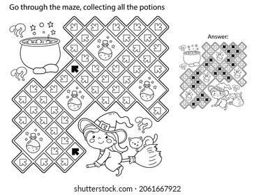 Maze or Labyrinth Game. Puzzle. Coloring Page Outline Of cartoon little witch on broom with pot and with cat. Halloween. Coloring book for kids.