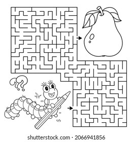 Maze or Labyrinth Game. Puzzle. Coloring Page Outline Of cartoon fun caterpillar with pear. Collect all apples. Coloring book for kids.