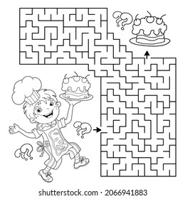 Maze or Labyrinth Game. Puzzle. Coloring Page Outline Of cartoon fun boy chef with cake. Little cook or scullion. Profession. Coloring book for kids.