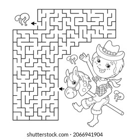 Maze or Labyrinth Game. Puzzle. Coloring Page Outline Of cartoon Boy playing cowboy with toy horse. Housework and cleaning, Coloring book for kids.