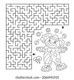 Maze or Labyrinth Game. Puzzle. Coloring Page Outline Of cartoon circus clown with colorful balls. Coloring book for kids.