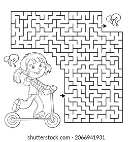 Maze or Labyrinth Game. Puzzle. Coloring Page Outline Of cartoon girl with scooter. Sport activity. Coloring book for kids.