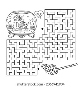 Maze or Labyrinth Game. Puzzle. Coloring Page Outline Of cartoon round glass aquarium with color fish. Coloring book for kids.