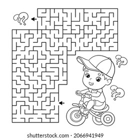 Maze or Labyrinth Game. Puzzle. Coloring Page Outline Of cartoon little boy on bicycle or bike. Sport activity. Coloring book for kids.