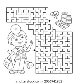 Maze or Labyrinth Game. Puzzle. Coloring Page Outline Of cartoon Doctor with medical tools. Coloring book for kids. Coloring book for kids.