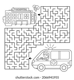 Maze or Labyrinth Game. Puzzle. Coloring Page Outline Of cartoon doctor with ambulance car near the hospital. Coloring book for kids.