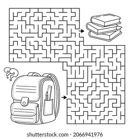 Maze or Labyrinth Game. Puzzle. Coloring Page Outline Of cartoon children satchel or knapsack with books or textbooks. School supplies. Coloring book for kids.