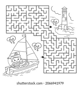 Maze or Labyrinth Game. Puzzle. Coloring Page Outline Of cartoon sail ship with sailor. Profession. Coloring book for kids. Coloring book for kids.