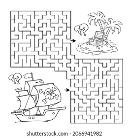 Maze or Labyrinth Game. Puzzle. Coloring Page Outline Of cartoon pirate ship with treasure island. Coloring book for kids.