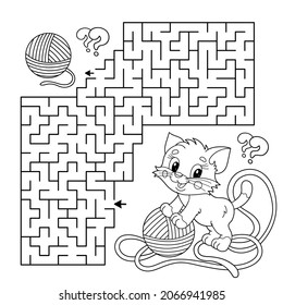 Maze or Labyrinth Game. Puzzle. Coloring Page Outline Of cartoon cat with ball of yarn. Coloring book for kids.