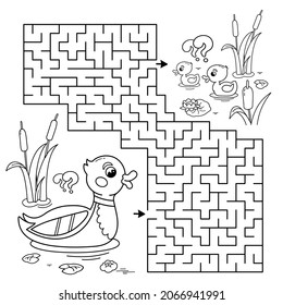 Maze or Labyrinth Game. Puzzle. Coloring Page Outline Of cartoon duck with little ducklings. Coloring book for kids.