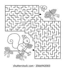 Juego de laberinto o laberinto. Rompecabezas. Esbozo de página de color de ardilla de dibujos animados con cono de abeto. Libro de colorear para niños.
