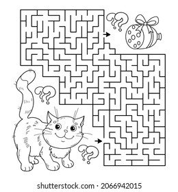 Maze or Labyrinth Game. Puzzle. Coloring Page Outline Of cartoon cat with sausage. Coloring book for kids.