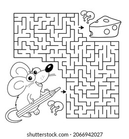 Maze or Labyrinth Game. Puzzle. Coloring Page Outline Of cartoon fun mouse with pencil. Collect all cheese. Coloring book for kids.