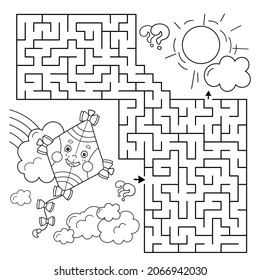 Maze or Labyrinth Game. Puzzle. Coloring Page Outline Of cartoon cheerful fly kite high in the sky. Coloring book for kids.