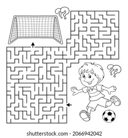 Maze or Labyrinth Game. Puzzle. Coloring Page Outline Of cartoon boy with soccer ball. Football. Sport activity. Coloring book for kids.