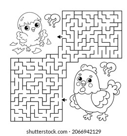 Maze or Labyrinth Game. Puzzle. Coloring Page Outline Of cartoon chicken with little chicks. Coloring book for kids.