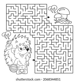 Maze or Labyrinth Game. Puzzle. Coloring Page Outline Of cartoon little hedgehog with basket of mushrooms. Coloring book for kids.