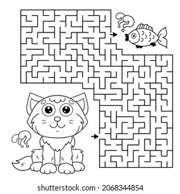 Maze or Labyrinth Game. Puzzle. Coloring Page Outline Of cartoon cat with fish. Coloring book for kids.