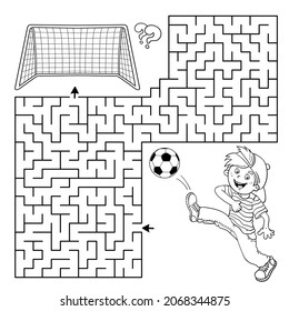 Maze Or Labyrinth Game. Puzzle. Coloring Page Outline Of Cartoon Boy With Soccer Ball. Football. Sport Activity. Coloring Book For Kids.