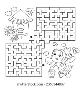 Maze or Labyrinth Game. Puzzle. Coloring Page Outline Of cartoon little bee with bucket of honey. Collect all flower. Coloring book for kids.