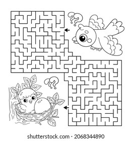 Maze or Labyrinth Game. Puzzle. Coloring Page Outline Of cartoon bird with little chick and egg in nest. Coloring book for kids.